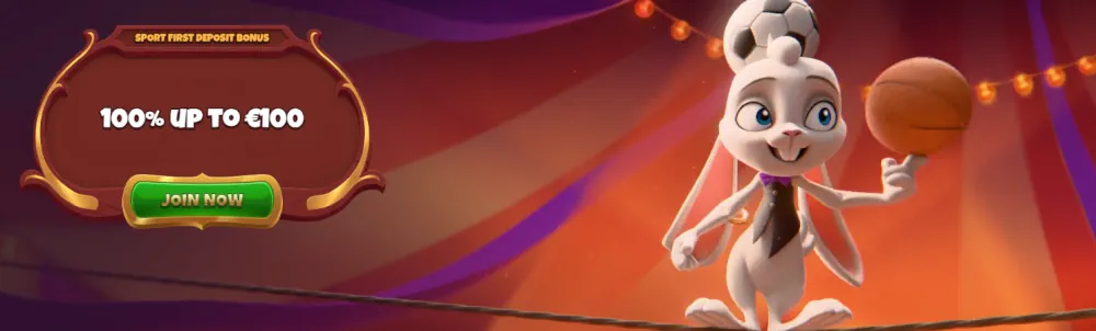 Bannière de bonus de sport Magius présentant un personnage de lapin et une offre de match à 100%